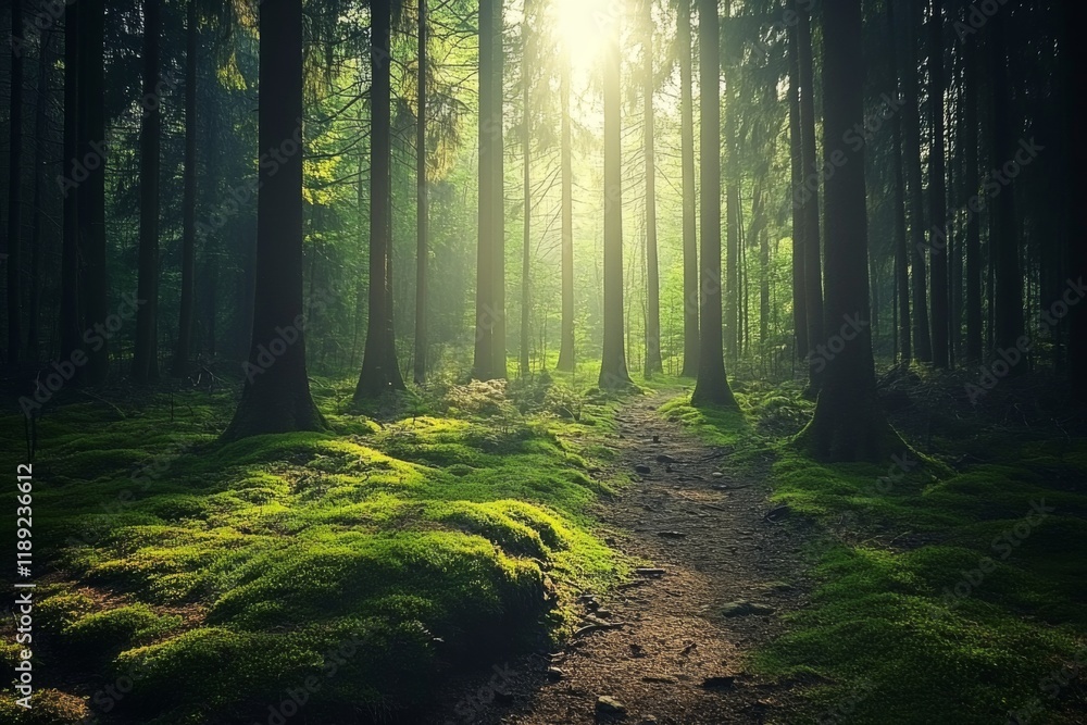Obraz premium Forest path illuminated by sunbeams filtering through tall trees