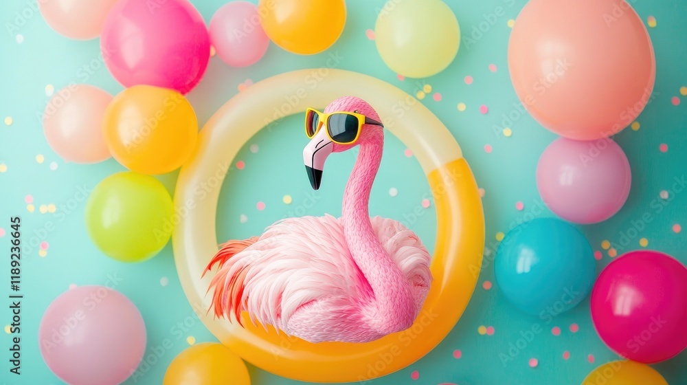 Fototapeta premium A pink flamingo in sunglasses sits inside a yellow pool float, surrounded by colorful balloons.