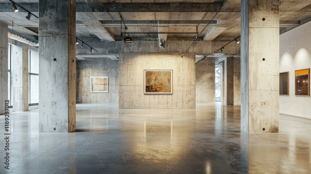 A modern exhibition space featuring raw concrete floors and ceilings. A modern exhibition space featuring raw concrete floors and ceilings.