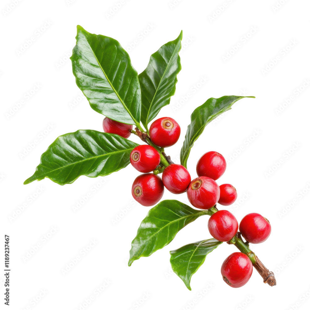 Vibrant Red Coffee Cherries on Branch with Lush Green Leaves: A Close-Up Macro Shot of Coffee Plant Vibrant Red Coffee Cherries on Branch with Lush Green Leaves: A Close-Up Macro Shot of Coffee Plant
