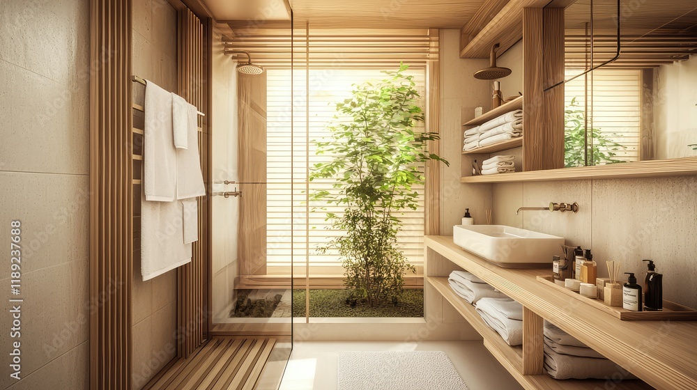 Fototapeta premium Modern minimalist bathroom design with natural light and greenery