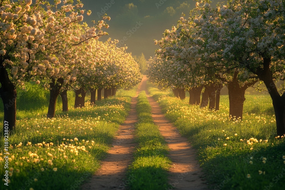 Naklejka premium Tree-lined pathway with dappled sunlight in a countryside setting