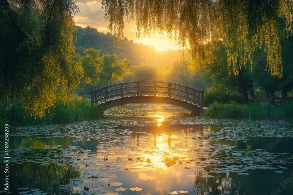 Fototapeta premium Golden sunlight reflecting on a calm river surrounded by willow trees