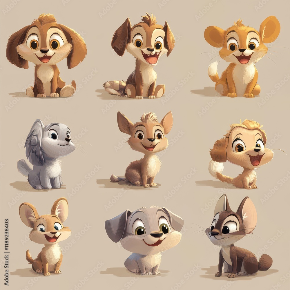 Nine Adorable Cartoon Puppies Sitting Together Nine Adorable Cartoon Puppies Sitting Together