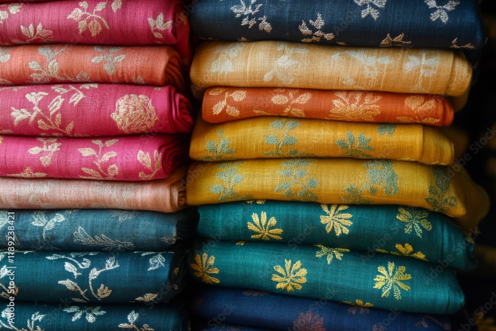 Stack of colorful fabric rolls with intricate patterns in a market Stack of colorful fabric rolls with intricate patterns in a market