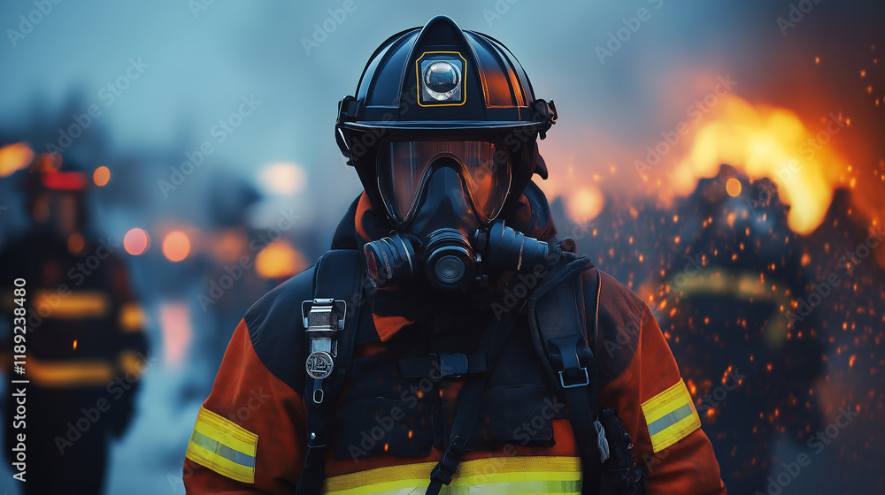 Brave firefighter in protective gear with gas mask standing against fire background, heroic emergency responder during rescue operations in intense fiery scene Brave firefighter in protective gear with gas mask standing against fire background, heroic emergency responder during rescue operations in intense fiery scene