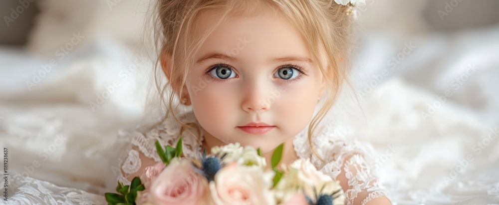Naklejka premium Portrait of an adorable little girl in a white lace dress with beautiful eyes and blonde hair lying on a bed