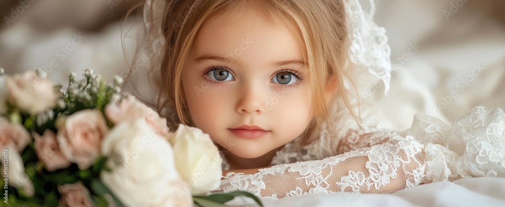 Portrait of an adorable little girl in a white lace dress with beautiful eyes and blonde hair lying on a bed Portrait of an adorable little girl in a white lace dress with beautiful eyes and blonde hair lying on a bed
