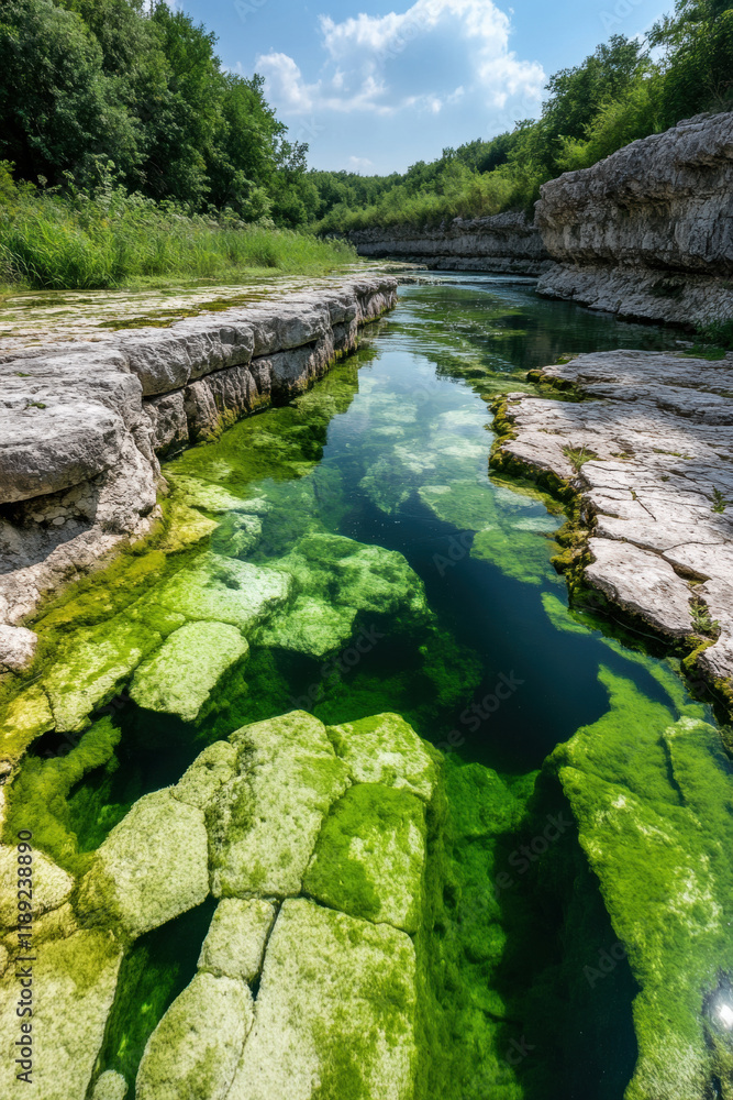 Serene river scene with clear green water, rocky banks, and lush greenery under a bright blue sky. Serene river scene with clear green water, rocky banks, and lush greenery under a bright blue sky.