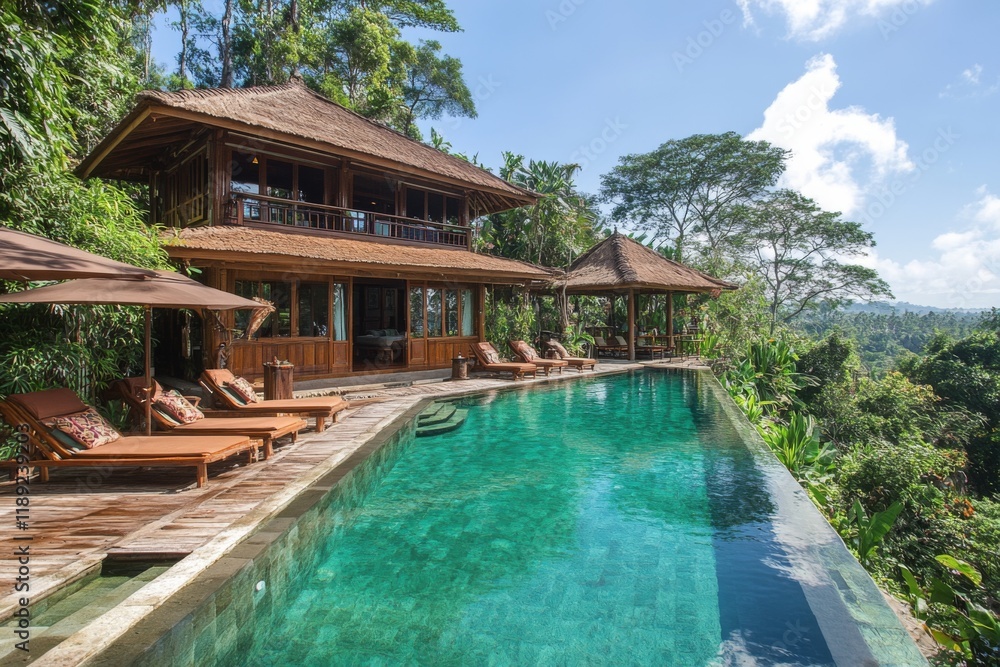 Obraz premium Luxury villa with an infinity pool overlooking a tropical coastline