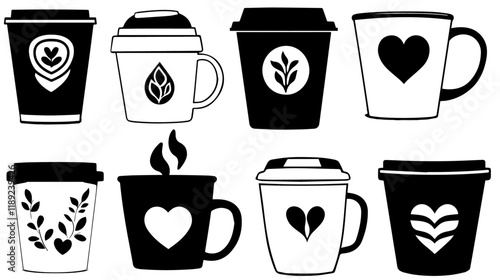 Hot coffee drink set black logo vector on white background. 