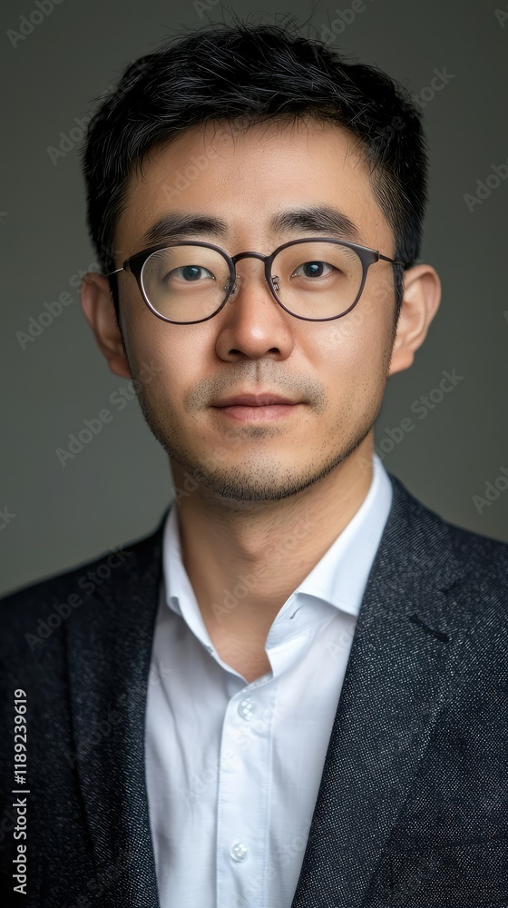 Professional Asian Man in Formal Suit with Glasses and Neutral Background Professional Asian Man in Formal Suit with Glasses and Neutral Background