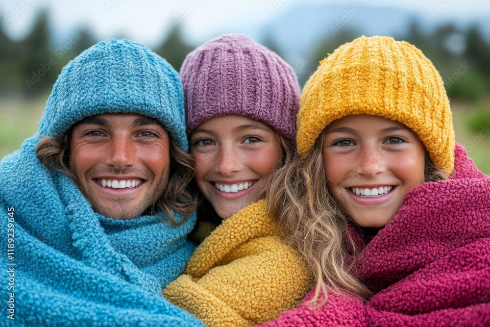 Smiling friends wrapped in colorful blankets on a chilly autumn day Smiling friends wrapped in colorful blankets on a chilly autumn day