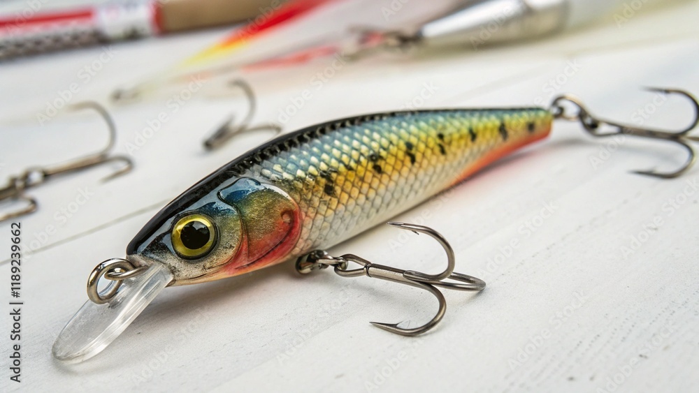 Colorful fishing lure with shiny scales and hooks Colorful fishing lure with shiny scales and hooks