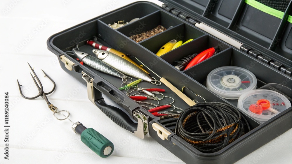 Fototapeta premium Various fishing tackle in a box. Open fishing box with lures