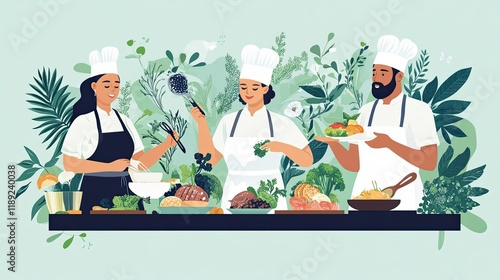 Three diverse chefs collaboratively prepare a delicious meal amidst lush greenery, showcasing culinary teamwork and healthy eating.