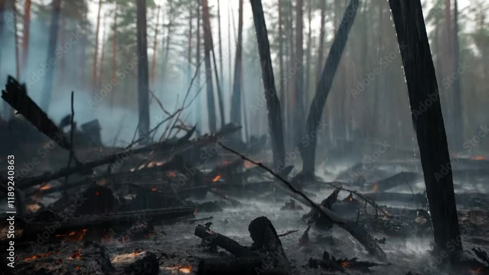Aftermath of a Forest Fire: Rain Dampens the Embers Aftermath of a Forest Fire: Rain Dampens the Embers