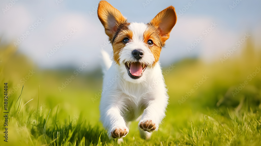 A playful pet dog runs happily in the grass, its ears flopping joyfully. A playful pet dog runs happily in the grass, its ears flopping joyfully.