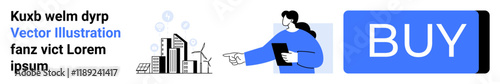 Man holding tablet points at buildings. Wind turbines and dummy text as placeholder. Large buy button with blue background. Ideal for business purchase concepts, e-commerce, real estate, technology