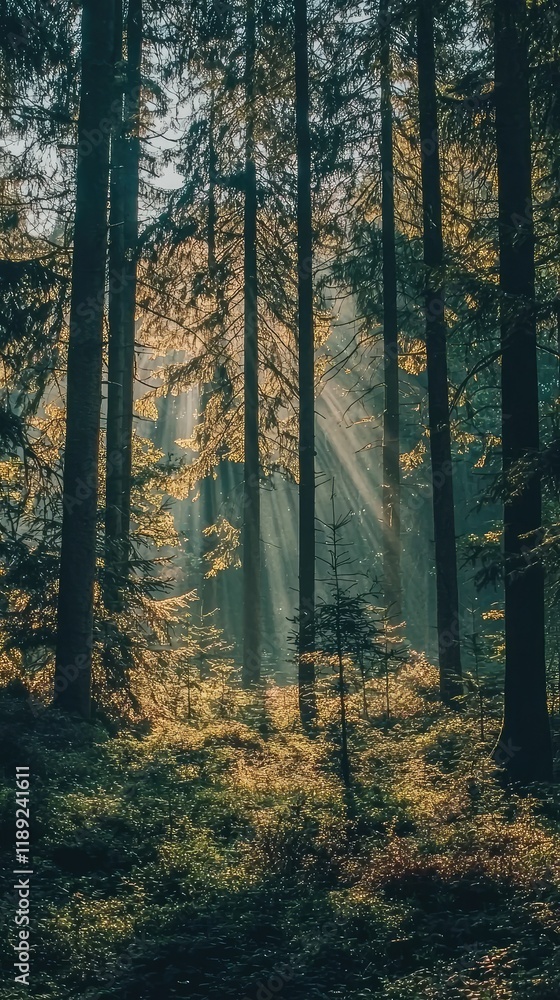 Obraz premium Ethereal Sunlight Filtering Through Tall Forest Trees in Nature