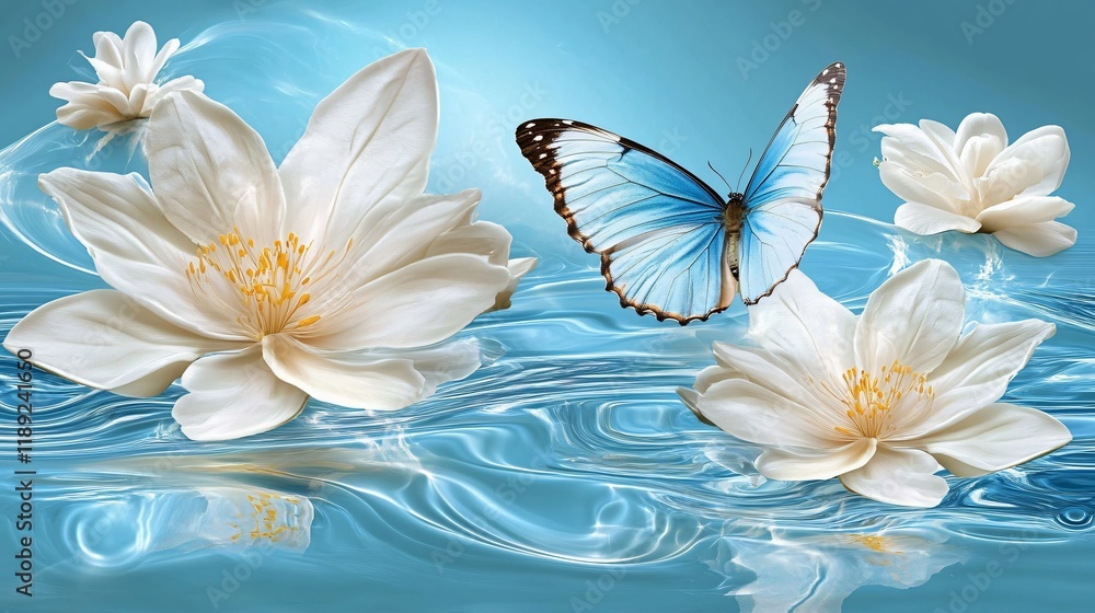 Serene Blue Water Lilies and Butterfly Artwork Serene Blue Water Lilies and Butterfly Artwork