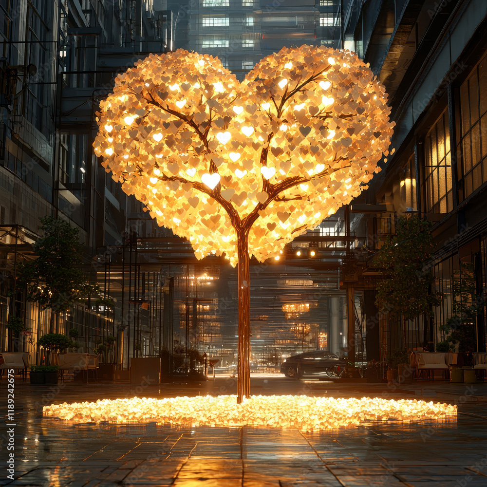 Fototapeta premium An artistic heart-shaped tree illuminated in a contemporary urban setting.