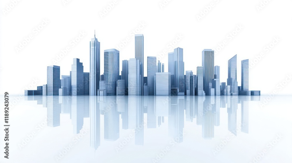 A digital rendering of a modern city skyline, with buildings of various heights and designs reflected on a pristine white surface. A digital rendering of a modern city skyline, with buildings of various heights and designs reflected on a pristine white surface.
