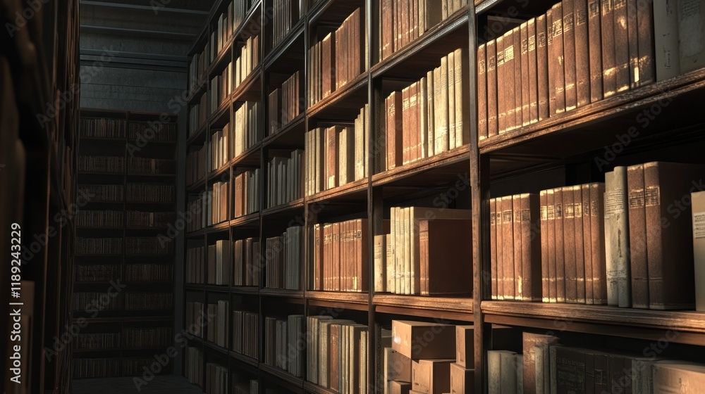 A dimly lit, expansive library, with numerous bookshelves filled with old books, showcasing a vast collection of knowledge. A dimly lit, expansive library, with numerous bookshelves filled with old books, showcasing a vast collection of knowledge.