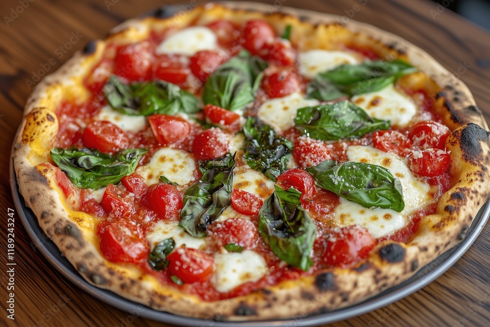 Delicious Margherita pizza with fresh basil and tomatoes. Delicious Margherita pizza with fresh basil and tomatoes.