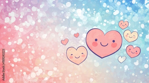 A pastel-colored backdrop featuring adorable smiling heart characters.