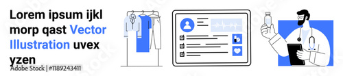 Fashion designer arranging clothes on rack, digital profile on computer screen, doctor holding medication. Ideal for technology, fashion, healthcare, digital identity, social media, medical field