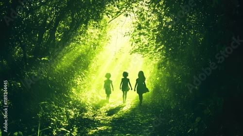 Children Walking in Lush Green Forest with Sunlight Filtering Through