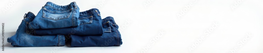 Several pairs of blue jeans piled on white surface, texture, stacked, casual Several pairs of blue jeans piled on white surface, texture, stacked, casual