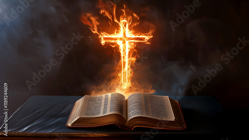 Open Bible with Fiery Cross in a Cathedral - Desktop Wallpaper Format [16:9 ratio] photo