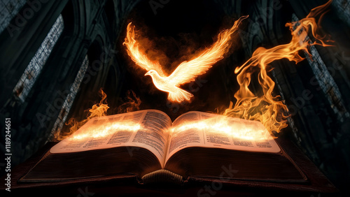 Open Bible with Holy Spirit (Fiery Dove) in a Cathedral - Desktop Wallpaper Format [16:9 ratio]