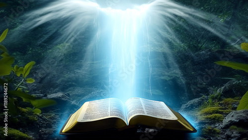 Open Bible Illuminated by Radiant Light in a Lush Forest - Desktop Wallpaper Format [16:9 ratio]