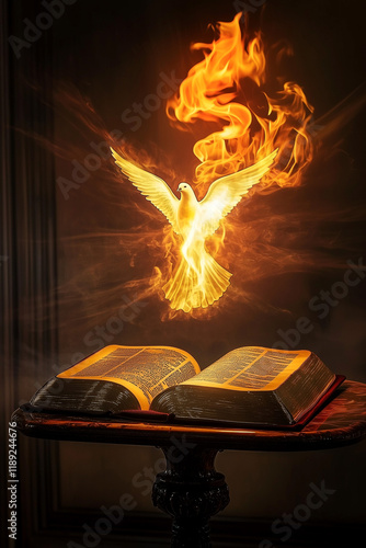 Open Bible with Holy Spirit (Fiery Dove) in a Cathedral - Vertical Format [2:3 ratio]