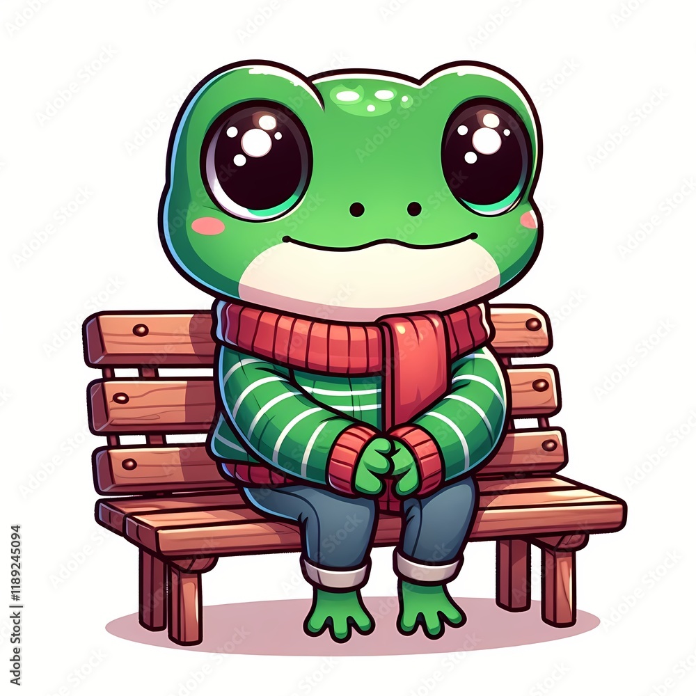 Obraz premium Cute Frog Sitting On Bench And Wearing Sweater Cartoon Vector Icon Illustration