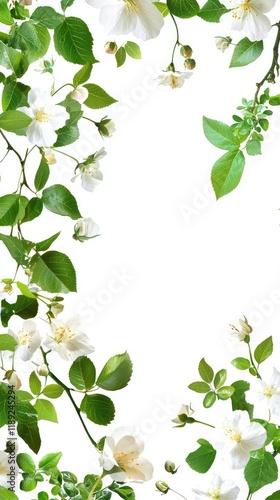 Wallpaper Mural Lush White Floral Border Design with Green Leaves on White Background Torontodigital.ca
