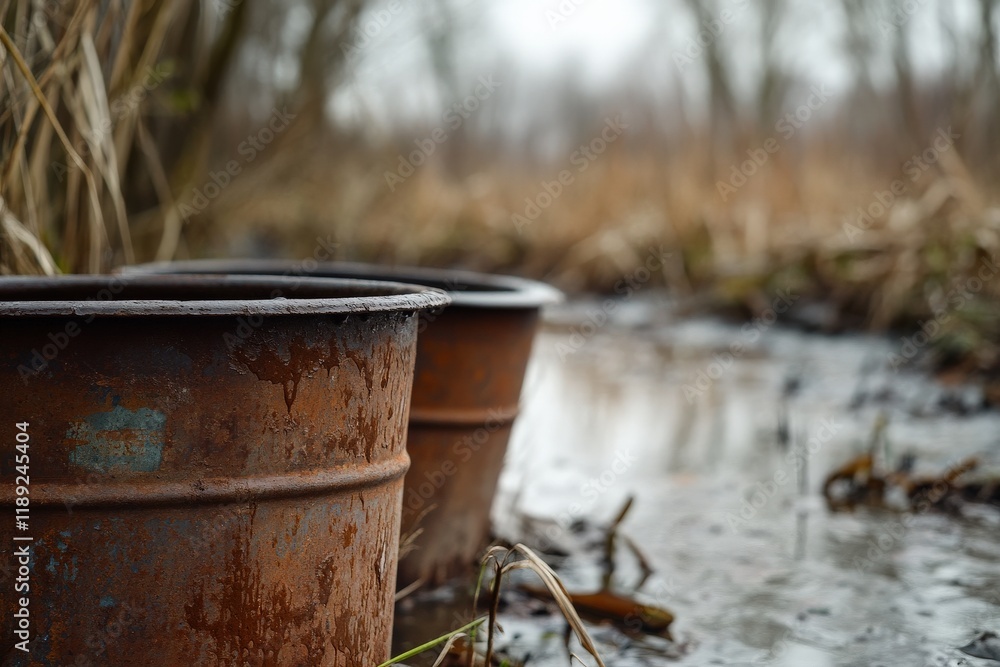 Naklejka premium Rusty Metal Buckets by Marshy Water in a Foggy Landscape, Capturing the Beauty of Nature's Decay with Soft Focus and Earthy Tones, Evoking a Sense of Stillness