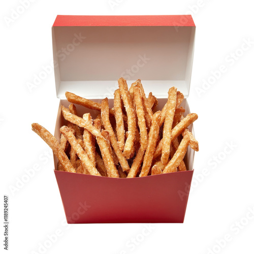 A Box of Crispy Golden French Fries Ready to Enjoy: Deliciously Salted and Perfectly Cooked Potato Sticks photo