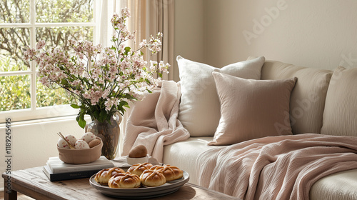 cozy living room decorated for Easter with a Mocha Mousse-colored throw blanket