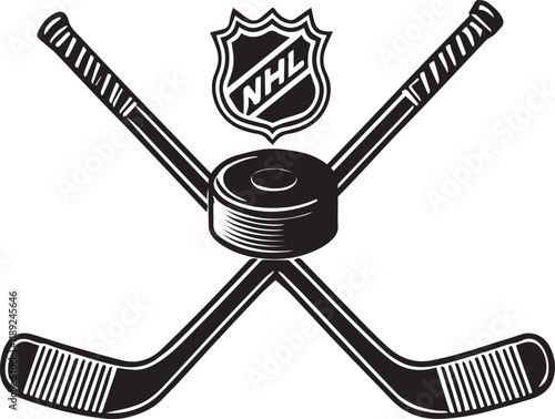 Crossed hockey sticks and puck on transparent background. Vector illustration