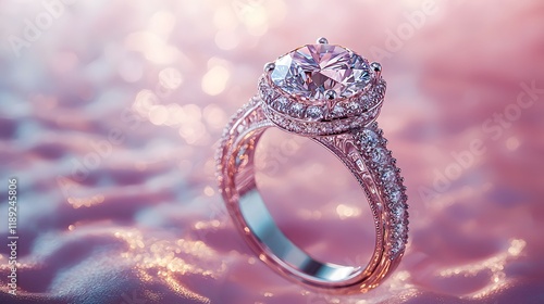 Elegant moissanite ring with intricate detailing and soft background hues. Generative AI photo