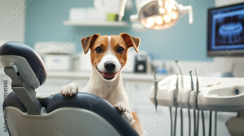 playful cute dog Jack Russell Terrier sitting in a modern dental chair in a dentist's office. The dog looks curious and alert, with its paws resting on the armres, concept of veterinary dentistry photo