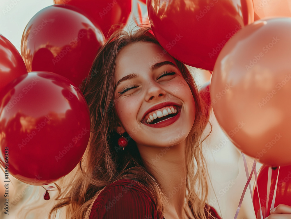 woman holding a bouquet of red balloons woman holding a bouquet of red balloons