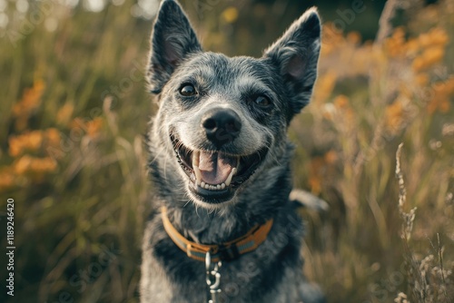 Happy Australian Cattle Dog in Field of Flowers photo