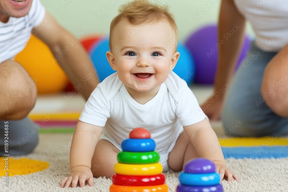 Smiling baby playing with colorful stacking toys in a bright, cheerful environment. Smiling baby playing with colorful stacking toys in a bright, cheerful environment.