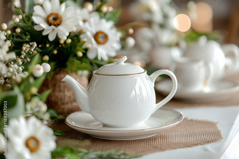 A tranquil Easter morning tea setup with a complete mocha mousse theme, including teapots, cups, plates A tranquil Easter morning tea setup with a complete mocha mousse theme, including teapots, cups, plates