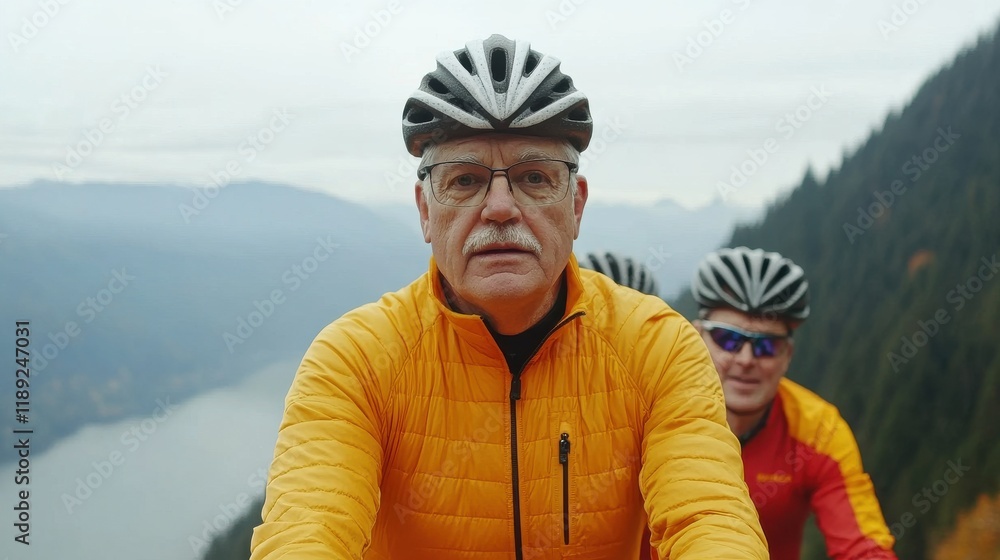 A cyclist in an orange jacket rides with companions against a scenic mountain backdrop. A cyclist in an orange jacket rides with companions against a scenic mountain backdrop.